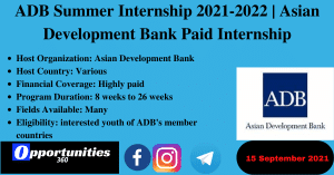 ADB Summer Internship 2021-2022 | Asian Development Bank Paid Internship
